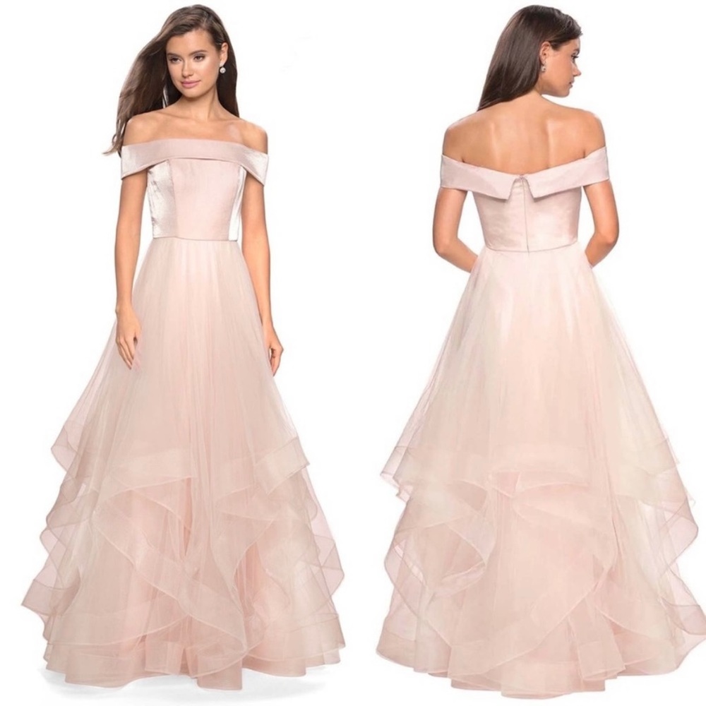 LA FEMME Off The Shoulder Blush Pink Ruffle Evening Gown